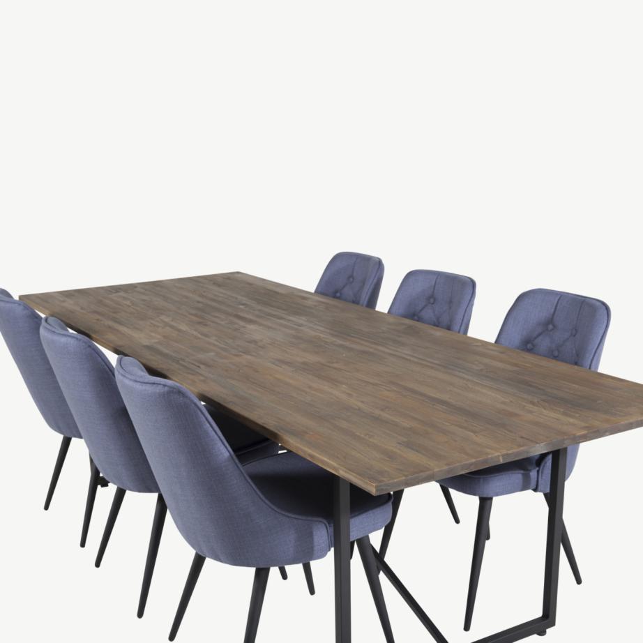 Padangi ristkülikukujuline tiigipuust söögilaud (250×100 cm) ja Velvet Deluxe sinise kangaga toolid, GR19790 – 4