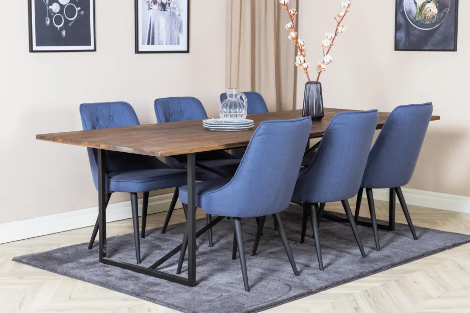 Padangi ristkülikukujuline tiigipuust söögilaud (250×100 cm) ja Velvet Deluxe sinise kangaga toolid, GR19790 – 6