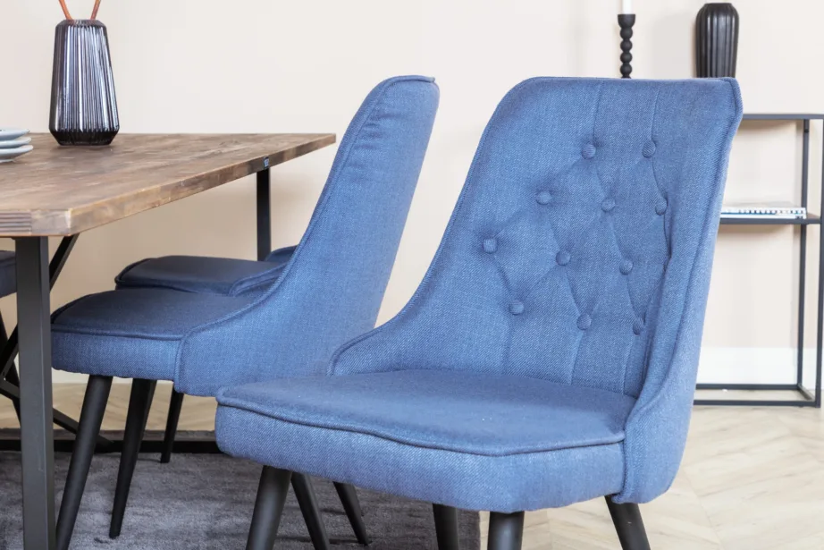 Padangi ristkülikukujuline tiigipuust söögilaud (250×100 cm) ja Velvet Deluxe sinise kangaga toolid, GR19790 – 7