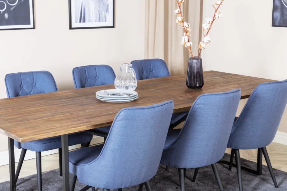 Padangi ristkülikukujuline tiigipuust söögilaud (250×100 cm) ja Velvet Deluxe sinise kangaga toolid, GR19790 – 8