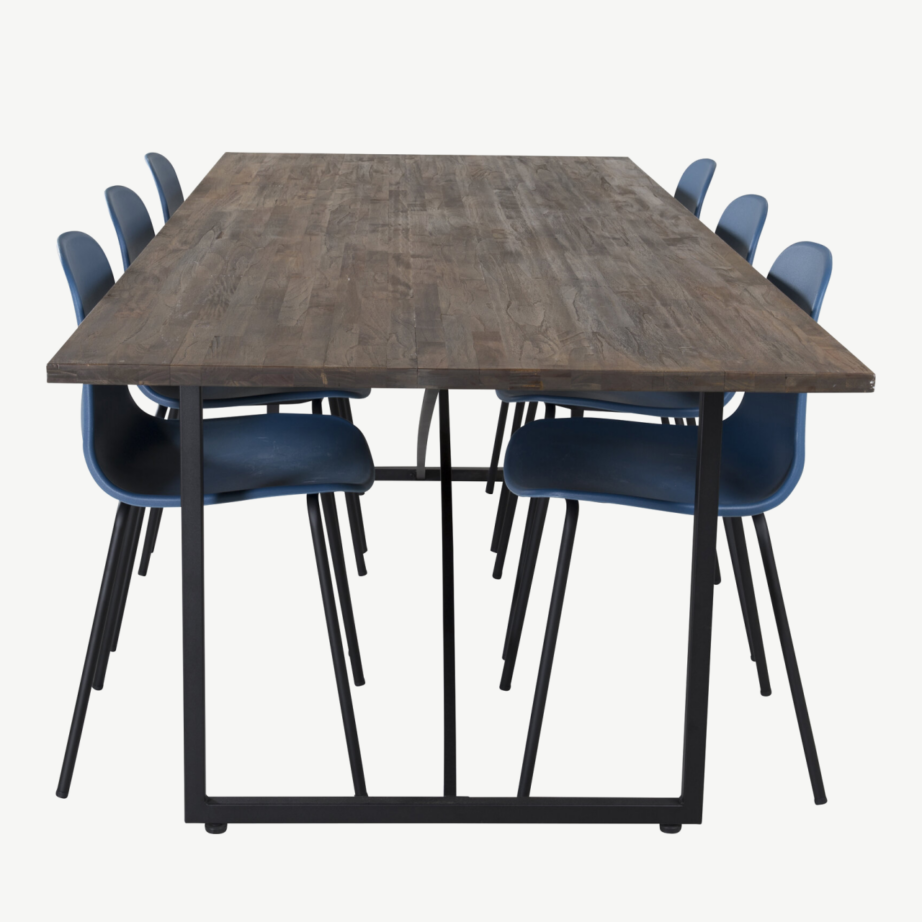 Padang tööstuslik tiigipuust söögilauakomplekt siniste Arctic toolidega (6 tk), GR19792 – 2