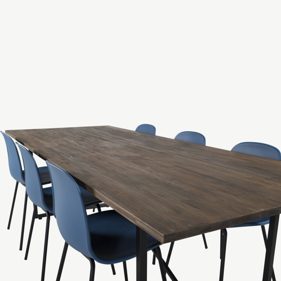 Padang tööstuslik tiigipuust söögilauakomplekt siniste Arctic toolidega (6 tk), GR19792 – 3