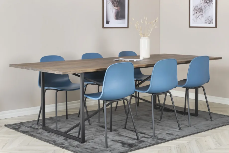 Padang tööstuslik tiigipuust söögilauakomplekt siniste Arctic toolidega (6 tk), GR19792 – 6