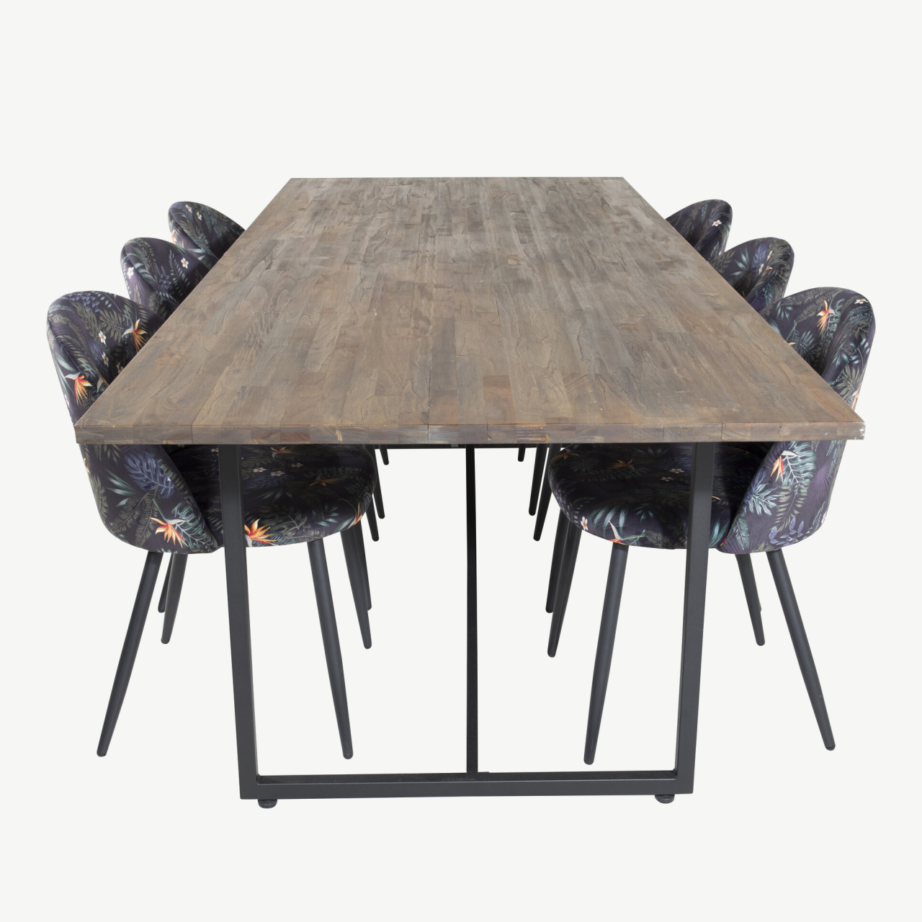 Padang tiigipuust söögikomplekt – laud ja musta velvetkangaga toolid, GR19793 – 2