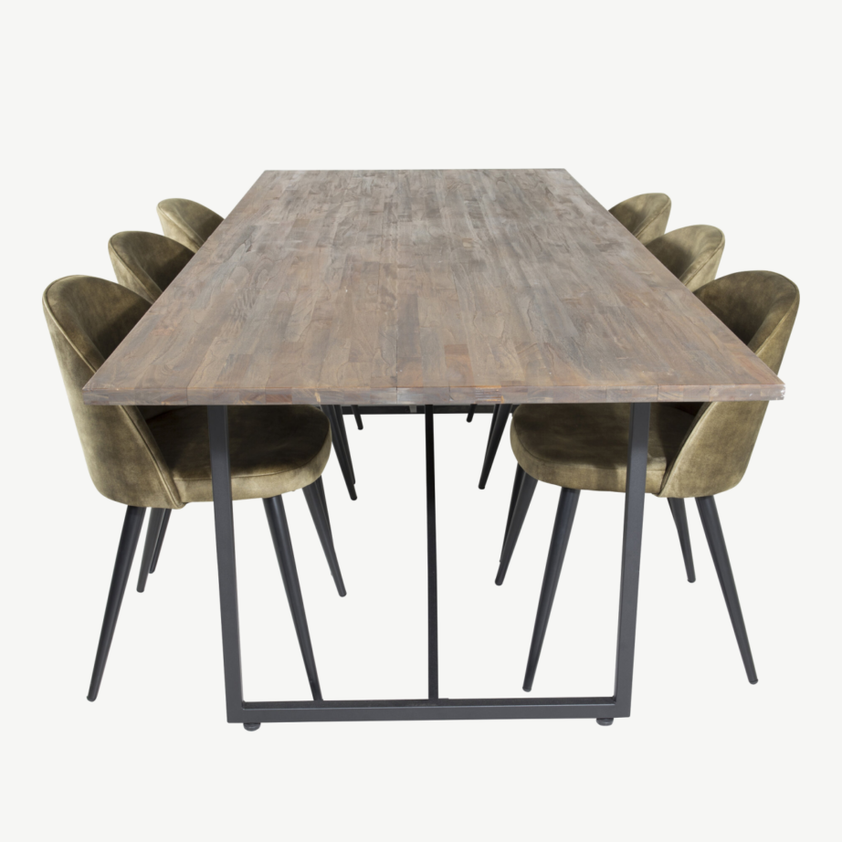 Padang ristkülikukujuline tiigipuust söögilauakomplekt roheliste samettoolidega, GR19794 – 2