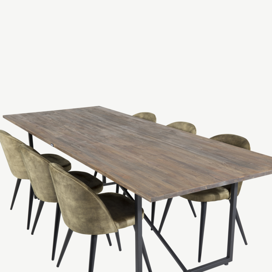 Padang ristkülikukujuline tiigipuust söögilauakomplekt roheliste samettoolidega, GR19794