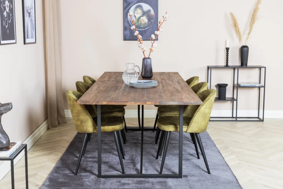 Padang ristkülikukujuline tiigipuust söögilauakomplekt roheliste samettoolidega, GR19794 – 5