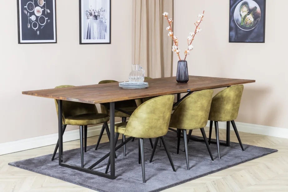 Padang ristkülikukujuline tiigipuust söögilauakomplekt roheliste samettoolidega, GR19794 – 6