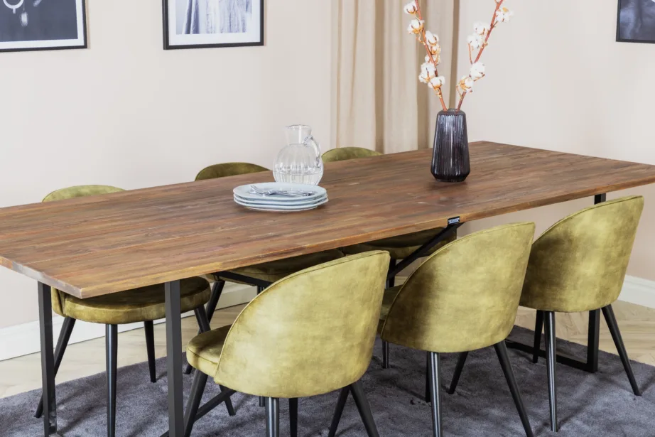 Padang ristkülikukujuline tiigipuust söögilauakomplekt roheliste samettoolidega, GR19794 – 8