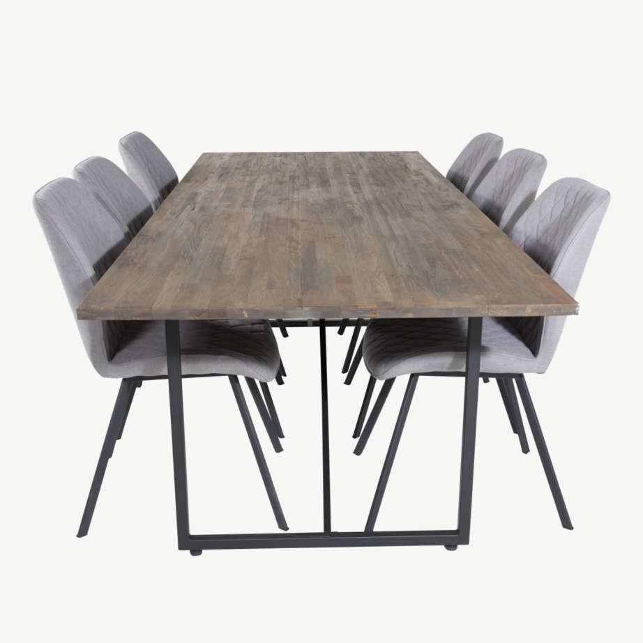 Padangi tiigipuust söögilauakomplekt ja 6 polsterdatud Gemma tooli (hall kangas, mustad jalad), GR19795 – 2