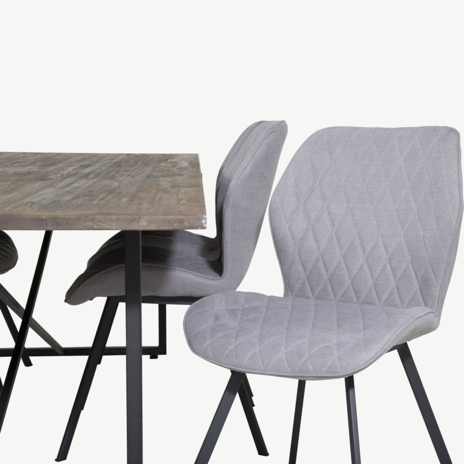 Padangi tiigipuust söögilauakomplekt ja 6 polsterdatud Gemma tooli (hall kangas, mustad jalad), GR19795 – 3