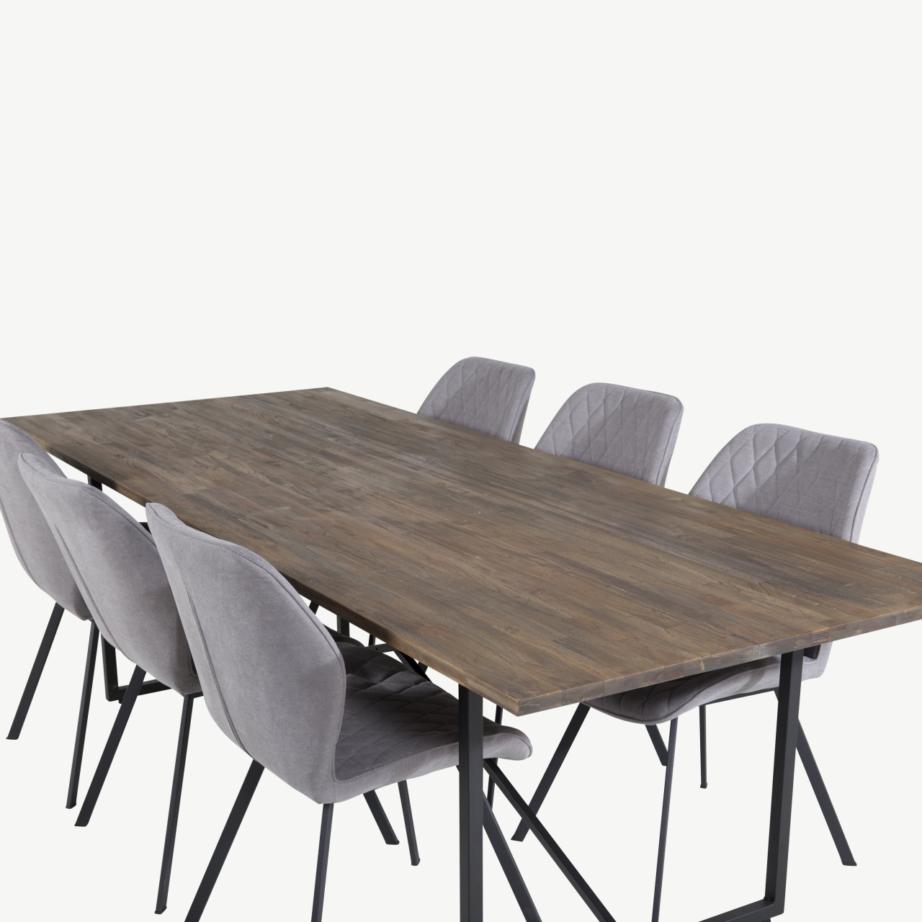 Padangi tiigipuust söögilauakomplekt ja 6 polsterdatud Gemma tooli (hall kangas, mustad jalad), GR19795 – 4