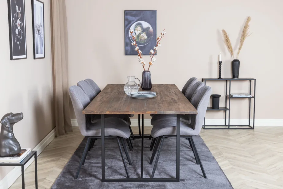 Padangi tiigipuust söögilauakomplekt ja 6 polsterdatud Gemma tooli (hall kangas, mustad jalad), GR19795 – 5
