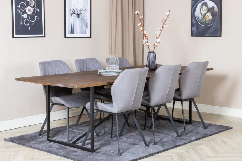 Padangi tiigipuust söögilauakomplekt ja 6 polsterdatud Gemma tooli (hall kangas, mustad jalad), GR19795 – 6