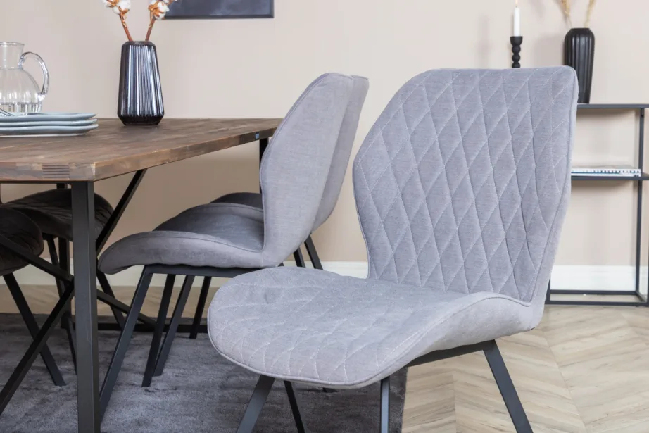 Padangi tiigipuust söögilauakomplekt ja 6 polsterdatud Gemma tooli (hall kangas, mustad jalad), GR19795 – 7