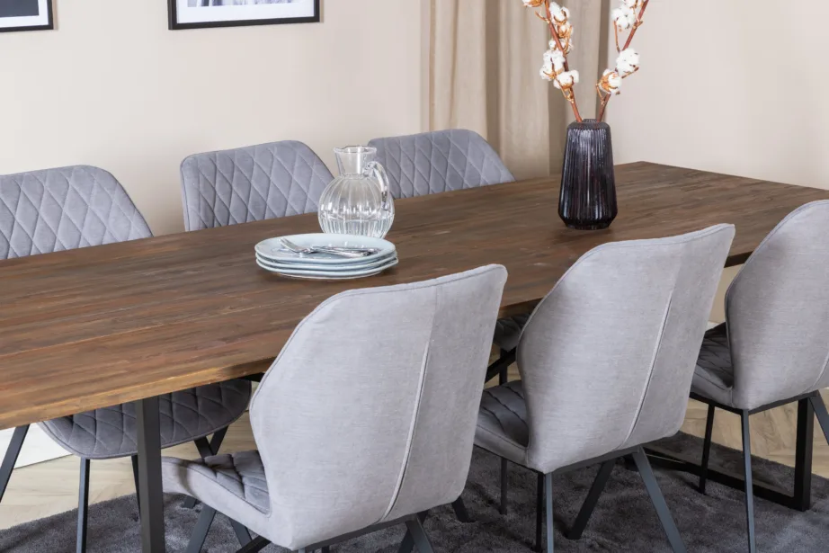 Padangi tiigipuust söögilauakomplekt ja 6 polsterdatud Gemma tooli (hall kangas, mustad jalad), GR19795 – 8