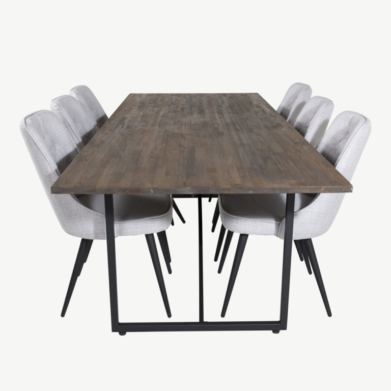 Tööstusstiilis tiigipuust söögilaud toolidega Padang koos hallide samettoolidega (6 tk), 250 × 100 cm - GR19796