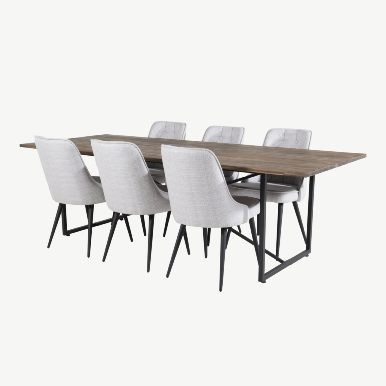 Tööstusstiilis tiigipuust söögilaud toolidega Padang koos hallide samettoolidega (6 tk), 250 × 100 cm - GR19796