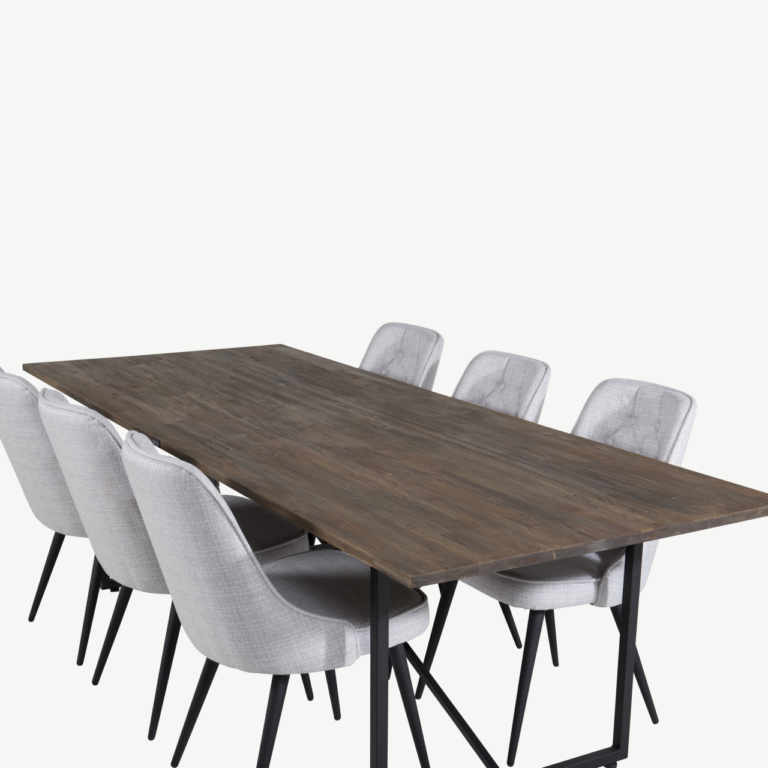 Tööstusstiilis tiigipuust söögilaud toolidega Padang koos hallide samettoolidega (6 tk), 250 × 100 cm - GR19796