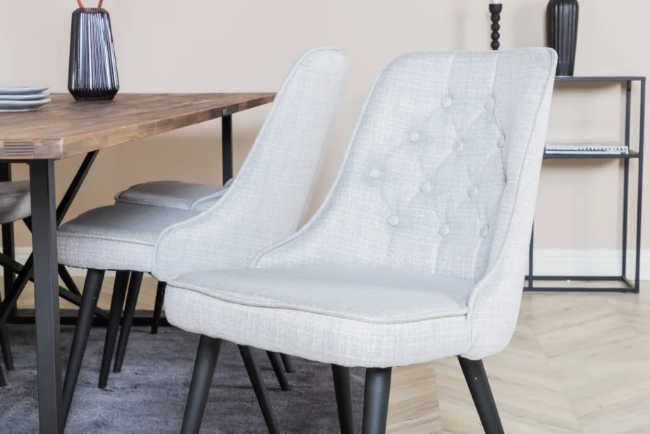 Tööstusstiilis tiigipuust söögilaud toolidega Padang koos hallide samettoolidega (6 tk), 250 × 100 cm, GR19796 – 7