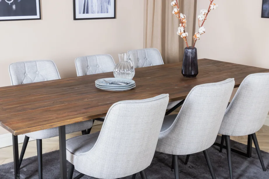 Tööstusstiilis tiigipuust söögilaud toolidega Padang koos hallide samettoolidega (6 tk), 250 × 100 cm, GR19796 – 8