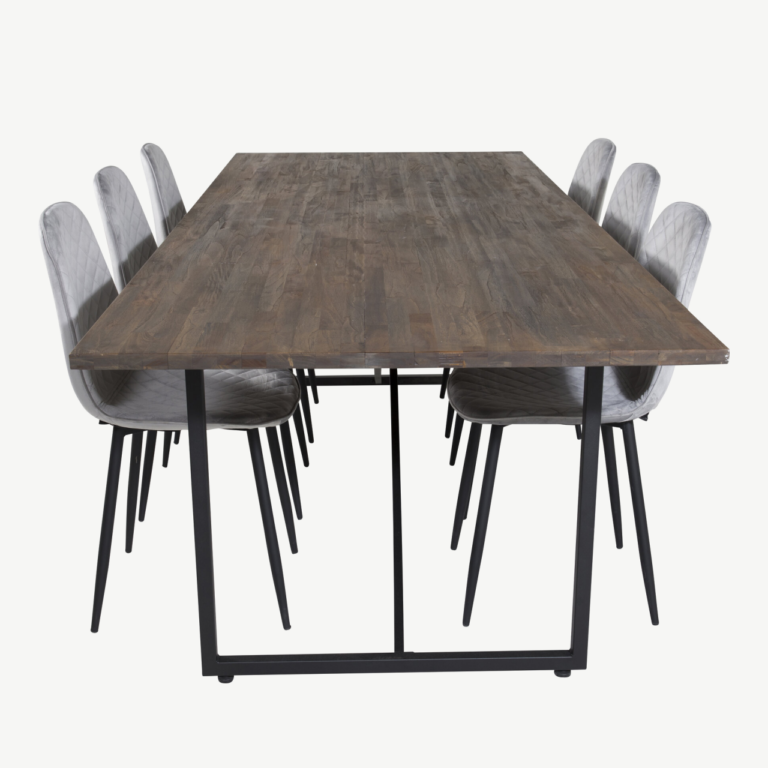 Tiigipuust söögilaud Padang hallide sametist Polar toolidega (6 tk), musta raamiga, 250 × 100 cm - GR19797