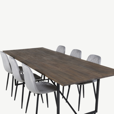 Tiigipuust söögilaud Padang hallide sametist Polar toolidega (6 tk), musta raamiga, 250 × 100 cm - GR19797