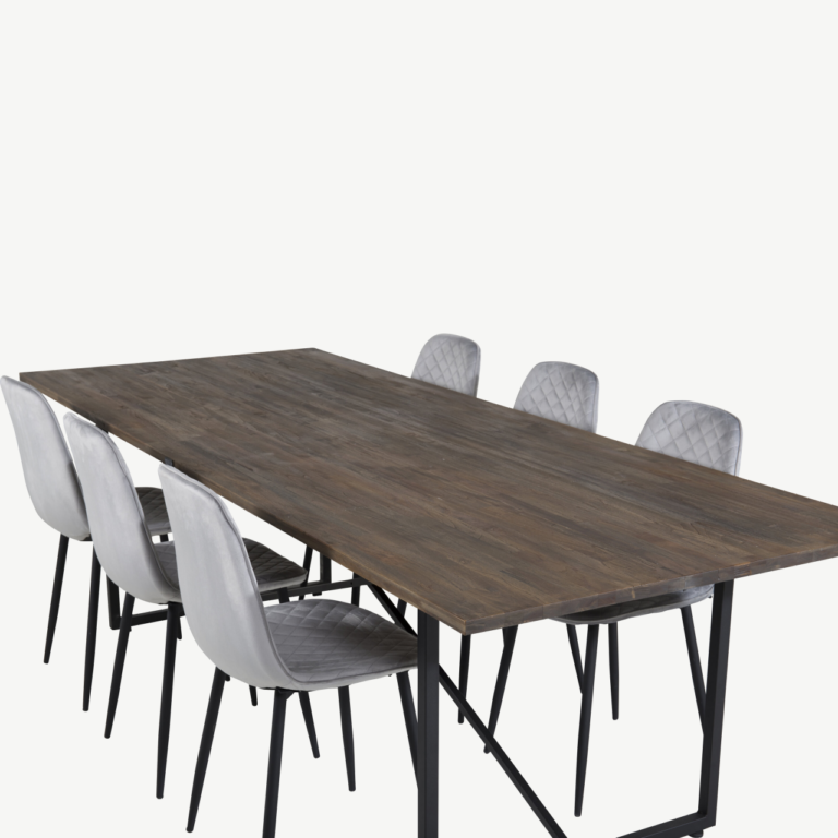 Tiigipuust söögilaud Padang hallide sametist Polar toolidega (6 tk), musta raamiga, 250 × 100 cm - GR19797