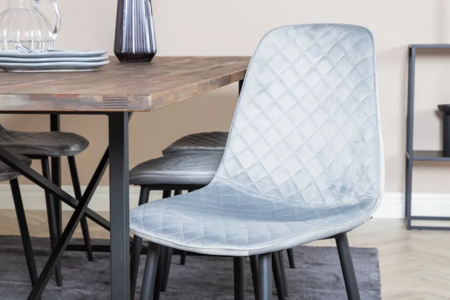 Tiigipuust söögilaud Padang hallide sametist Polar toolidega (6 tk), musta raamiga, 250 × 100 cm, GR19797 – 7