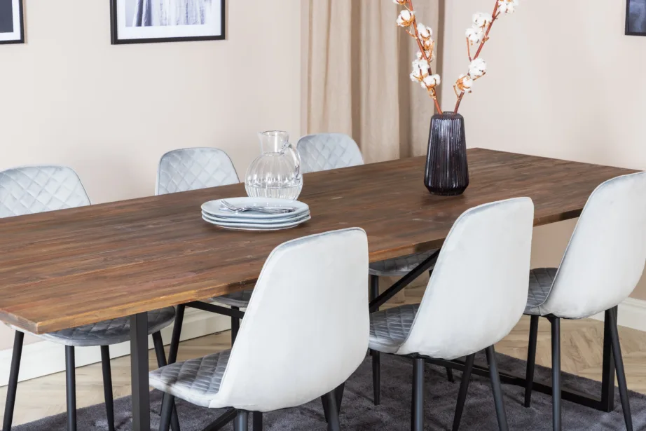 Tiigipuust söögilaud Padang hallide sametist Polar toolidega (6 tk), musta raamiga, 250 × 100 cm, GR19797 – 8