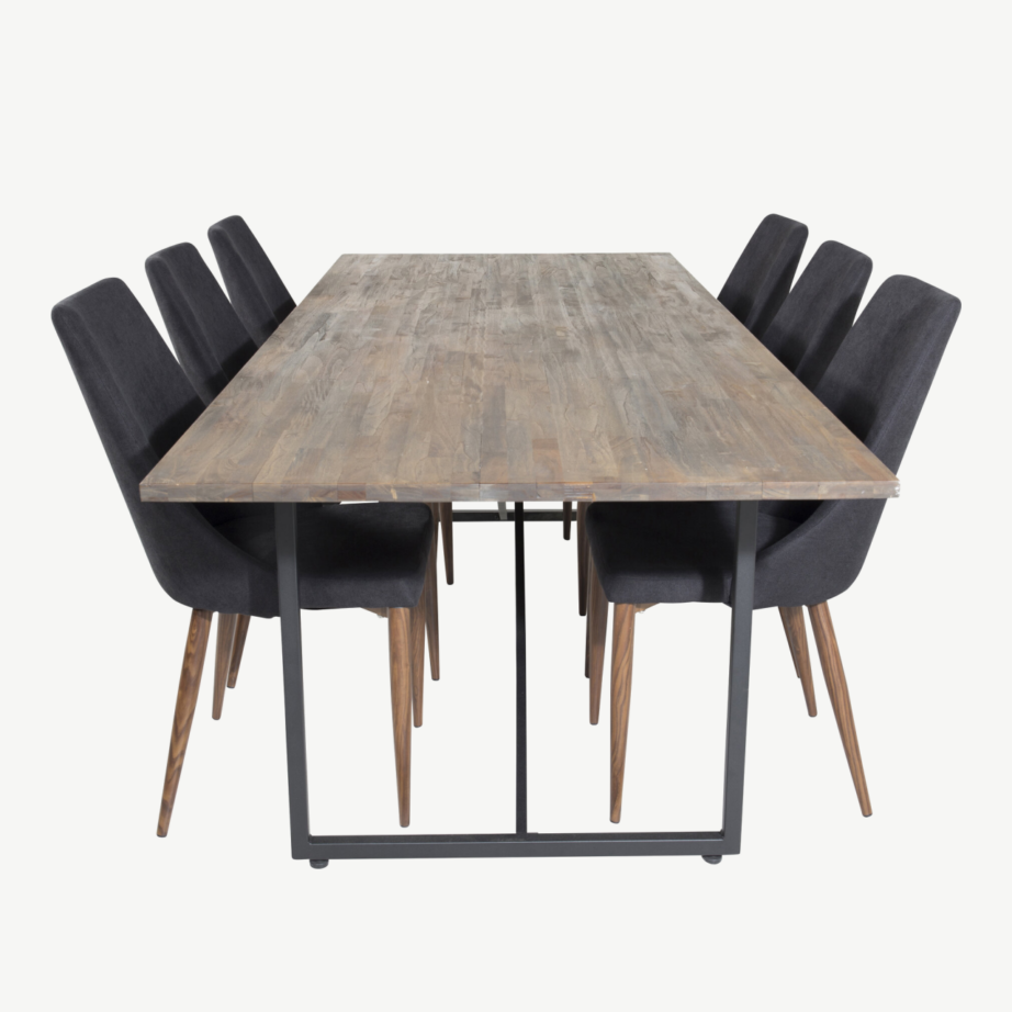 Padang ristkülikukujuline tiigipuust söögilaud Leone toolidega, must polüester ja pähkliviimistlusega jalad, GR19800 – 2