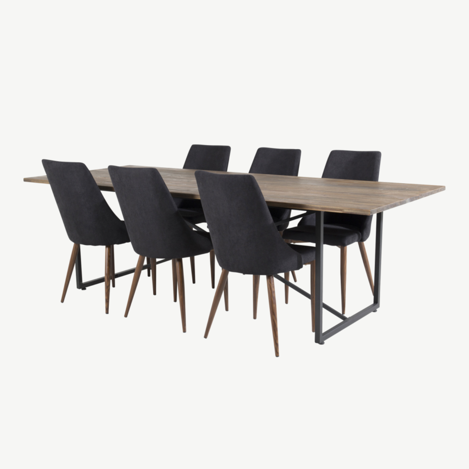 Padang ristkülikukujuline tiigipuust söögilaud Leone toolidega, must polüester ja pähkliviimistlusega jalad, GR19800 – 3