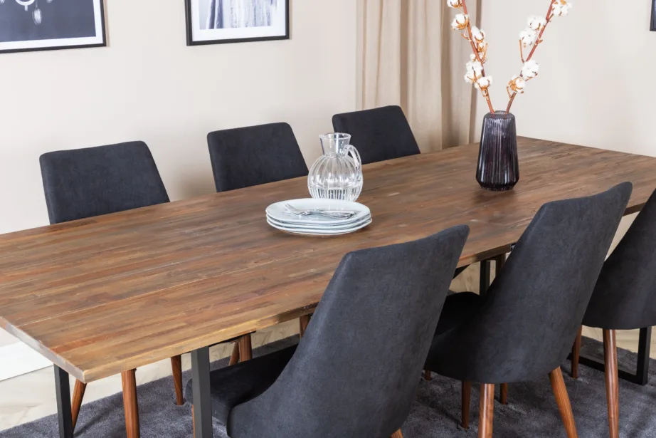 Padang ristkülikukujuline tiigipuust söögilaud Leone toolidega, must polüester ja pähkliviimistlusega jalad, GR19800 – 8