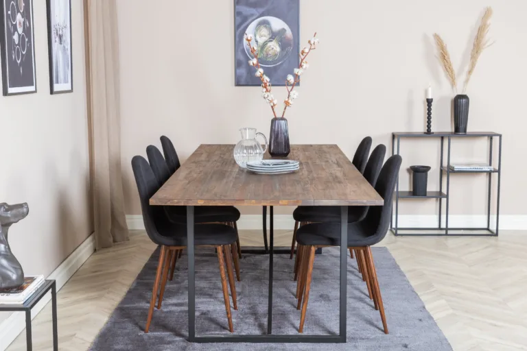 Padangi tiigipuust söögilauakomplekt ja 6 musta Polar tooli pähklijalaga (250x100 cm) - GR19801