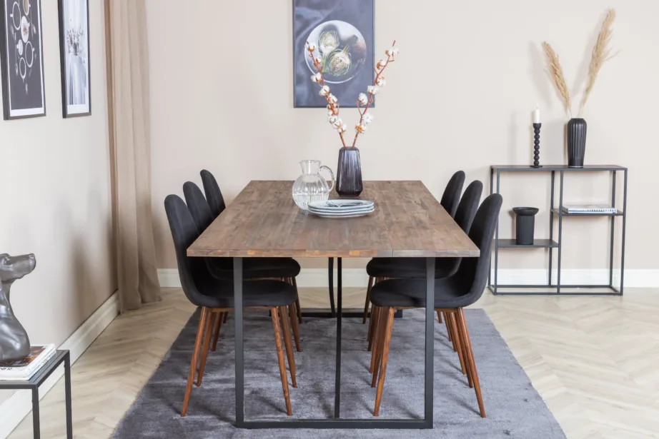 Padangi tiigipuust söögilauakomplekt ja 6 musta Polar tooli pähklijalaga (250×100 cm), GR19801 – 5