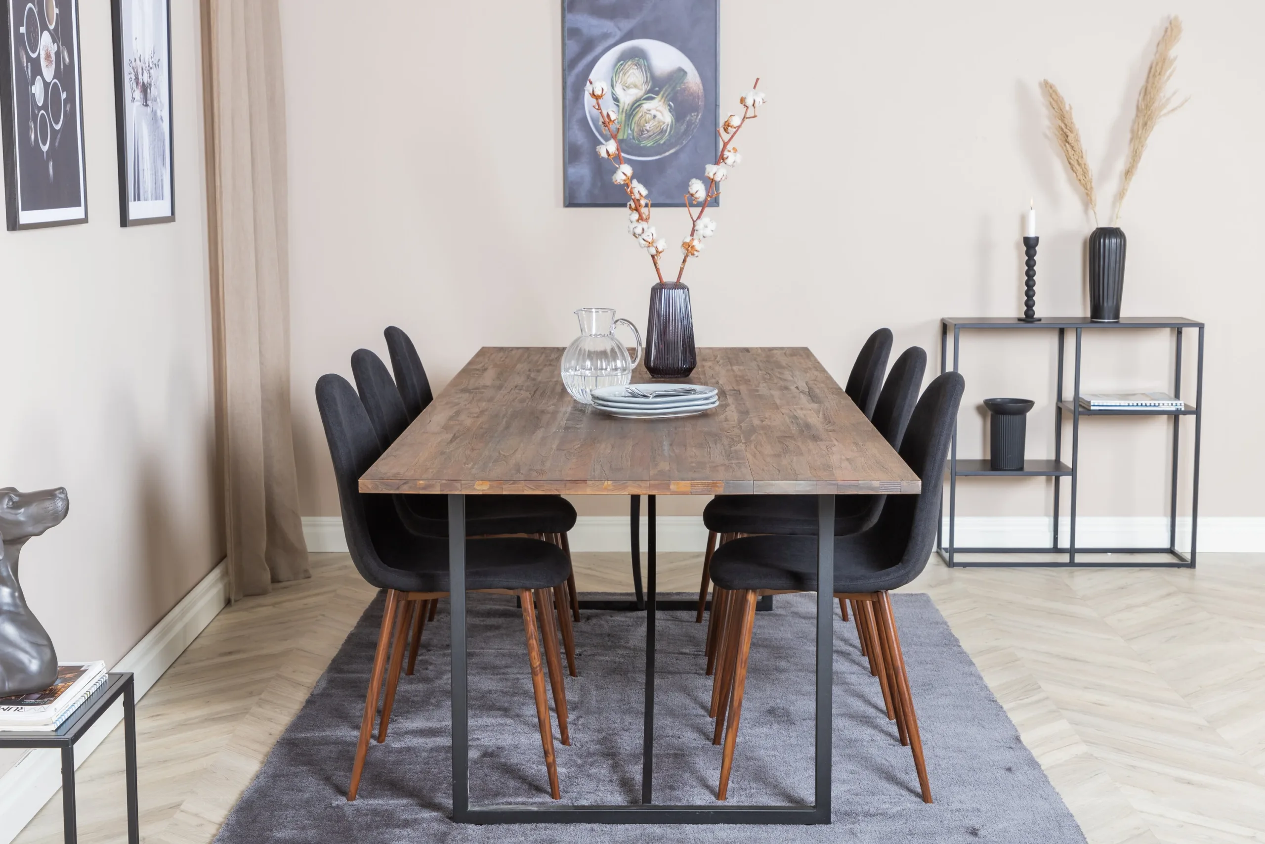 Padangi tiigipuust söögilauakomplekt ja 6 musta Polar tooli pähklijalaga (250x100 cm) - GR19801