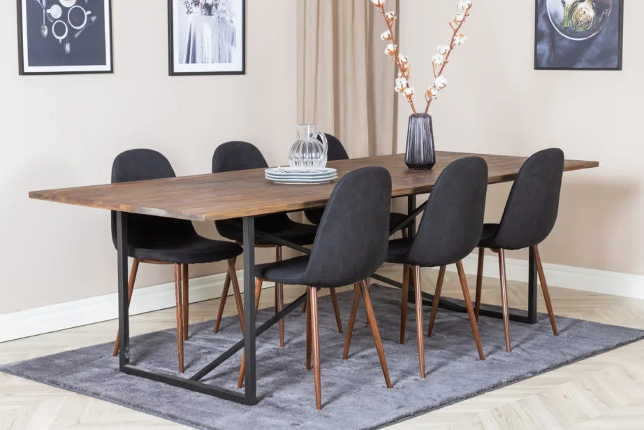 Padangi tiigipuust söögilauakomplekt ja 6 musta Polar tooli pähklijalaga (250×100 cm), GR19801 – 6