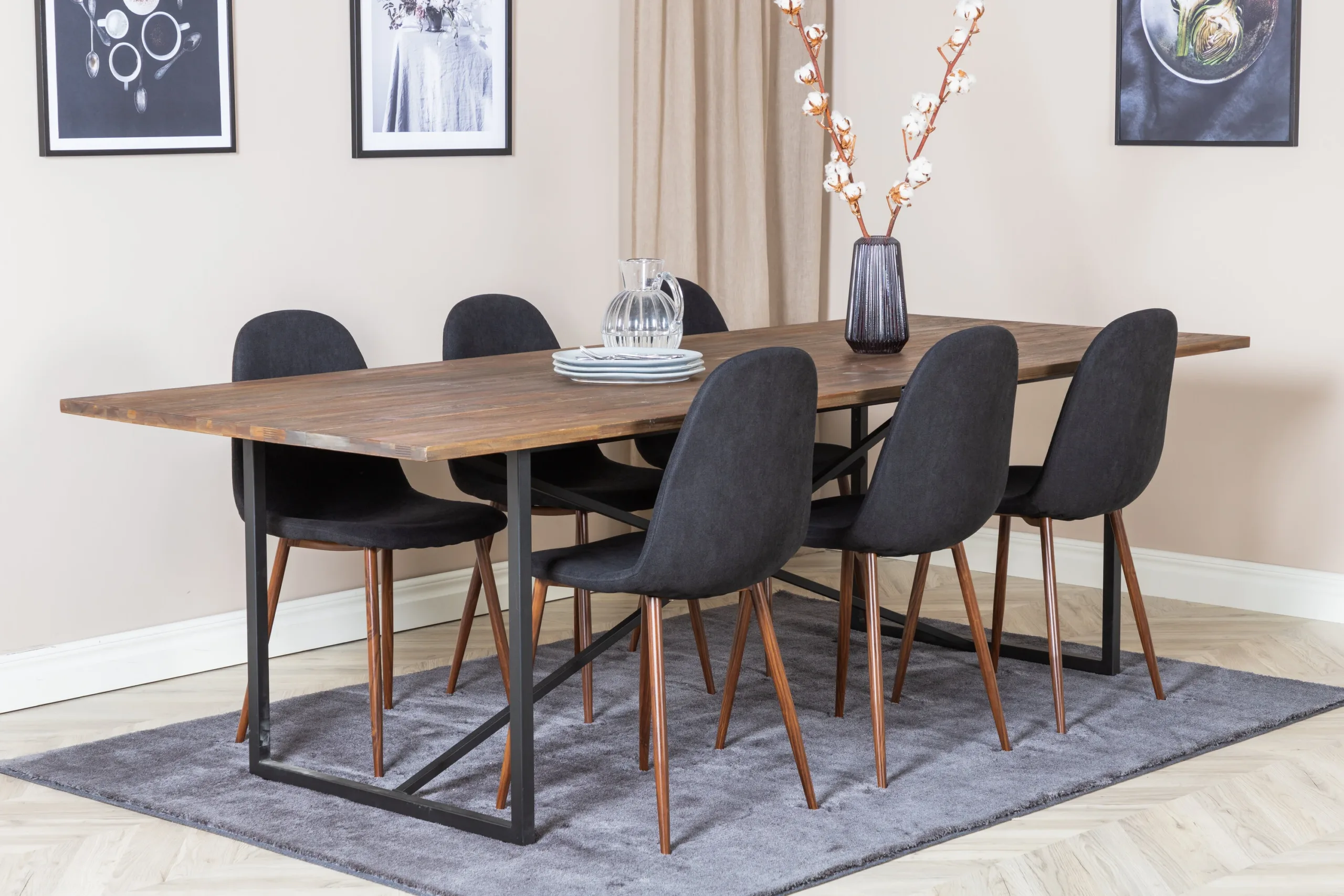 Padangi tiigipuust söögilauakomplekt ja 6 musta Polar tooli pähklijalaga (250x100 cm) - GR19801