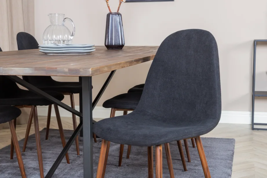 Padangi tiigipuust söögilauakomplekt ja 6 musta Polar tooli pähklijalaga (250×100 cm), GR19801 – 7