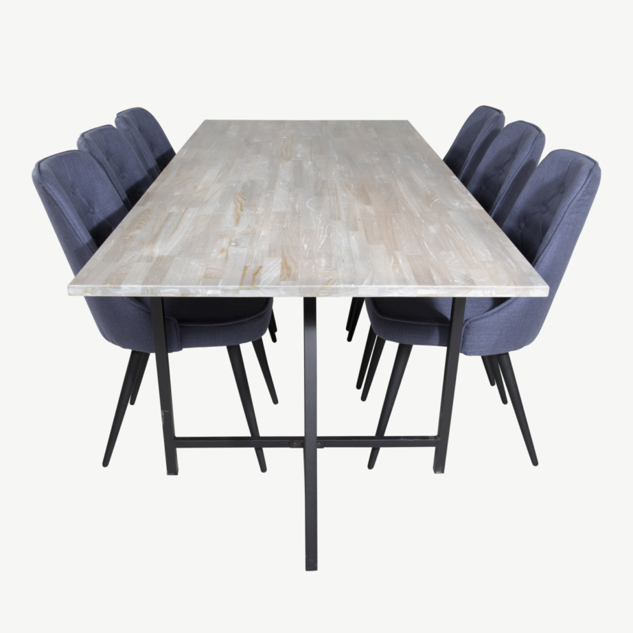 Jepara ristkülikukujuline tiigipuust söögilauakomplekt, hall, kuus sinist samettooli, GR19811 – 2