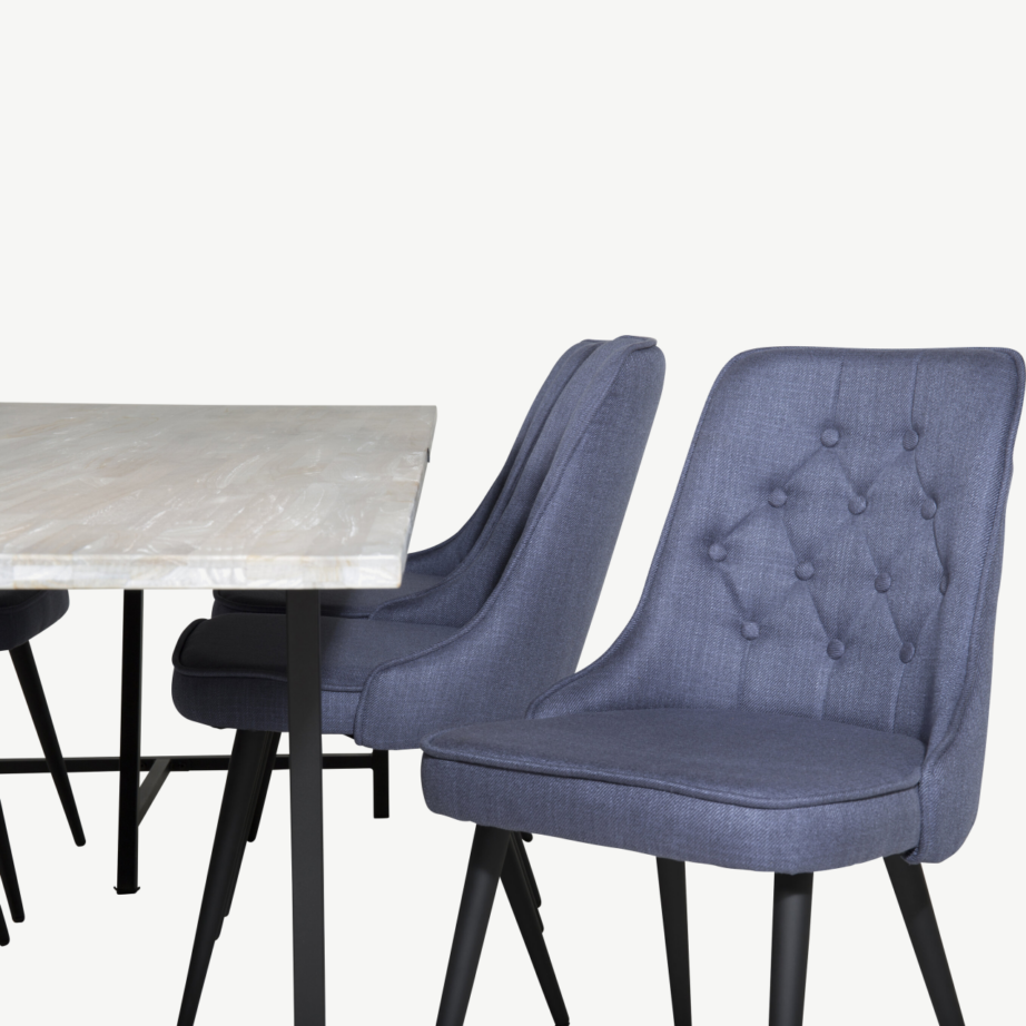 Jepara ristkülikukujuline tiigipuust söögilauakomplekt, hall, kuus sinist samettooli, GR19811 – 4