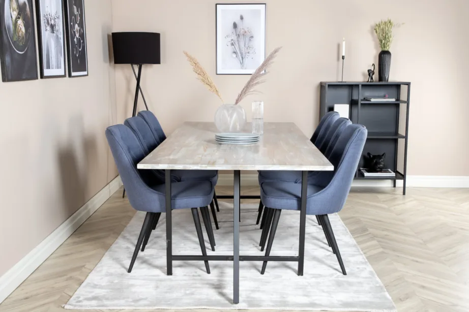 Jepara ristkülikukujuline tiigipuust söögilauakomplekt, hall, kuus sinist samettooli, GR19811 – 5