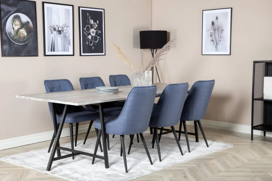 Jepara ristkülikukujuline tiigipuust söögilauakomplekt, hall, kuus sinist samettooli, GR19811 – 6