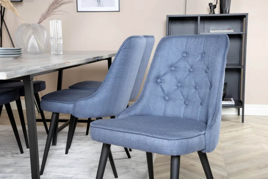 Jepara ristkülikukujuline tiigipuust söögilauakomplekt, hall, kuus sinist samettooli, GR19811 – 7