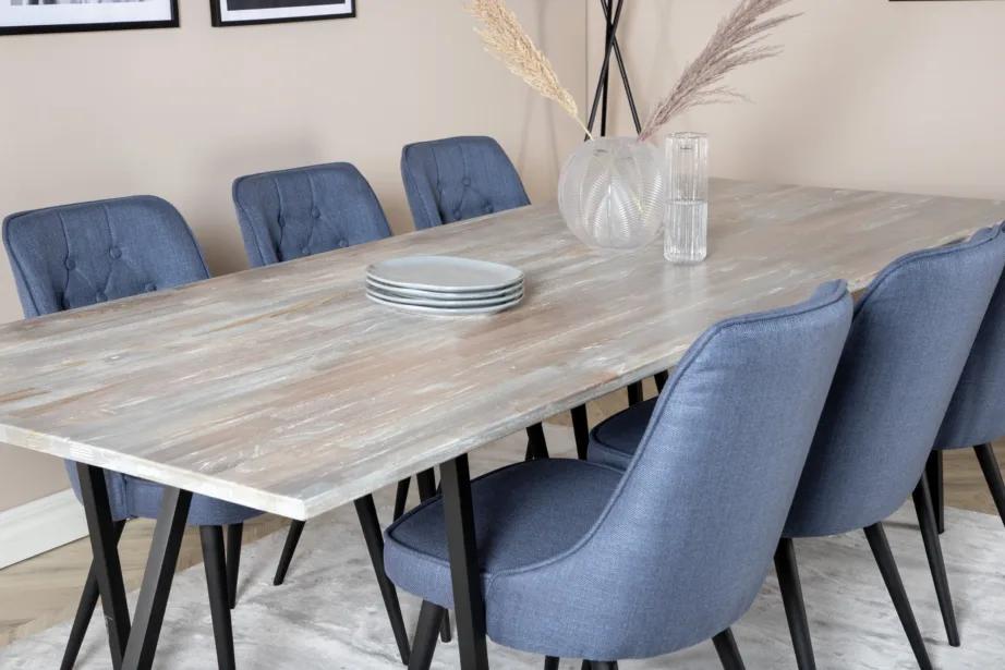 Jepara ristkülikukujuline tiigipuust söögilauakomplekt, hall, kuus sinist samettooli, GR19811 – 8