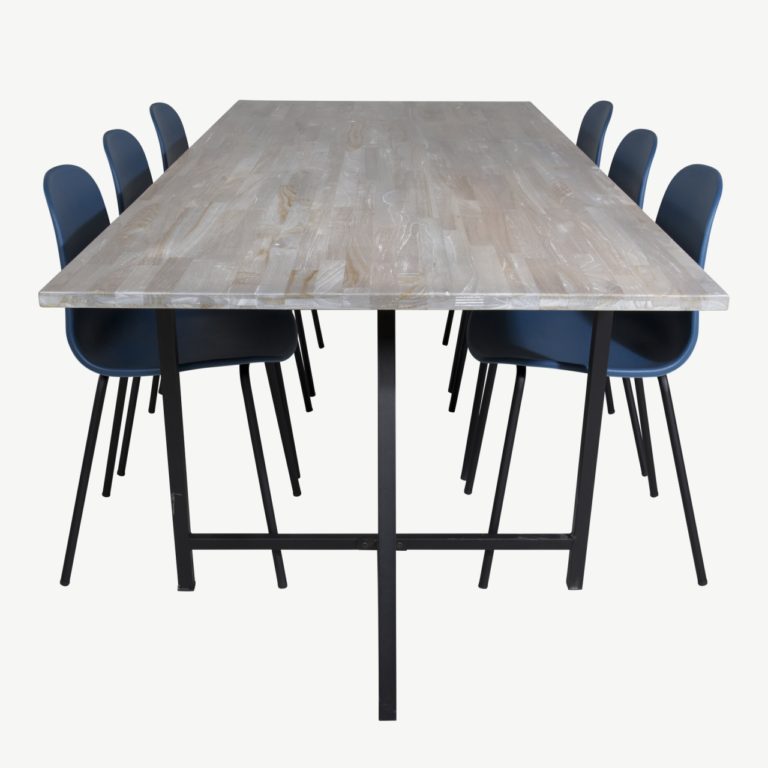 Hallist tiigipuidust söögikomplekt Jepara: suur söögilaud (250x100 cm) ja sinised Arctic toolid (1 laud, 6 tooli) - GR19813