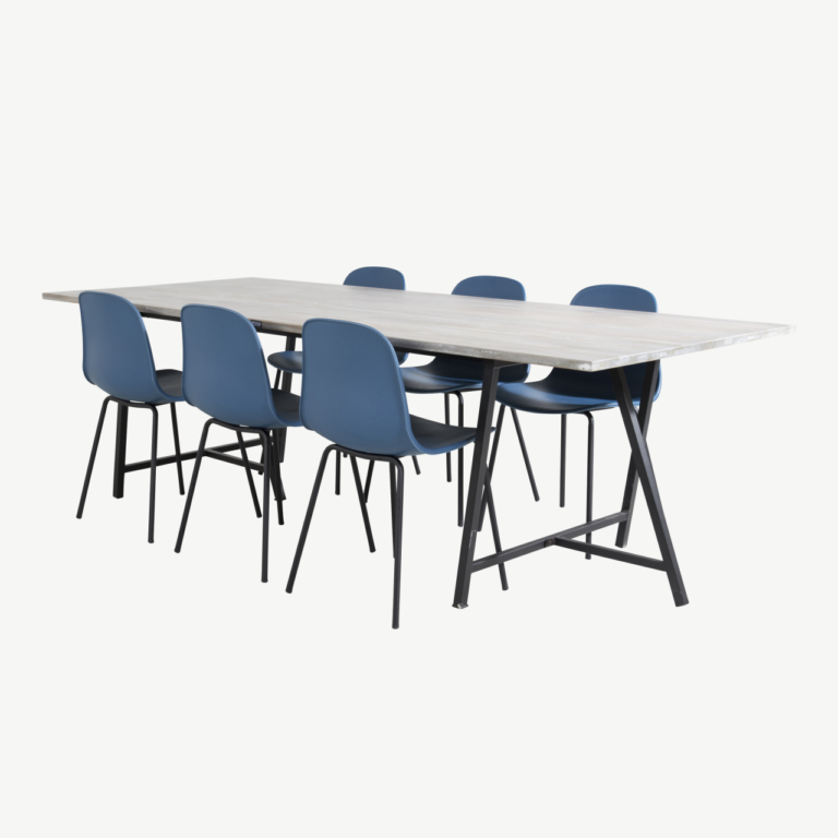 Hallist tiigipuidust söögikomplekt Jepara: suur söögilaud (250x100 cm) ja sinised Arctic toolid (1 laud, 6 tooli) - GR19813
