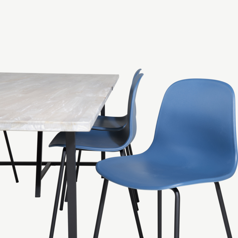Hallist tiigipuidust söögikomplekt Jepara: suur söögilaud (250x100 cm) ja sinised Arctic toolid (1 laud, 6 tooli) - GR19813