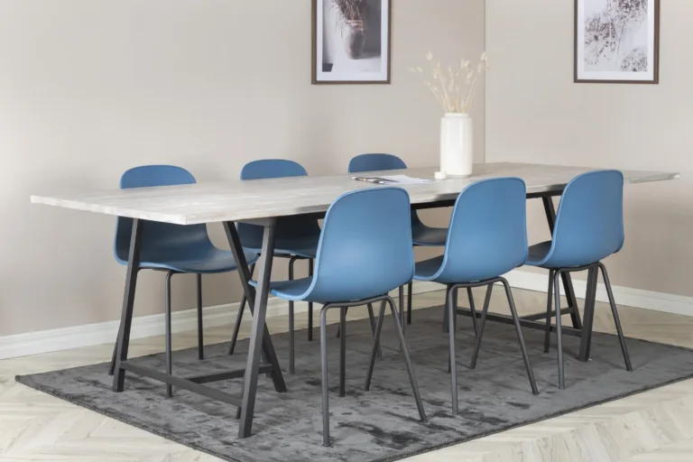 Hallist tiigipuidust söögikomplekt Jepara: suur söögilaud (250x100 cm) ja sinised Arctic toolid (1 laud, 6 tooli) - GR19813