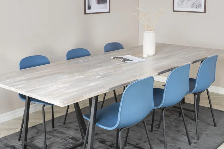 Hallist tiigipuidust söögikomplekt Jepara: suur söögilaud (250x100 cm) ja sinised Arctic toolid (1 laud, 6 tooli) - GR19813